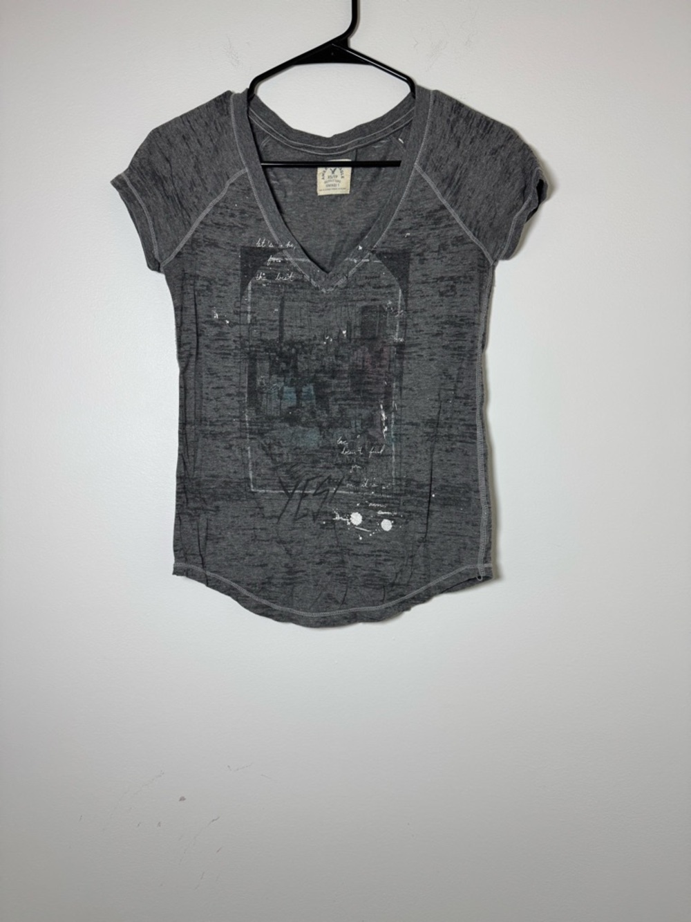American Eagle Burnout V Neck Tee XS Gray Vintage Graphic Shirt